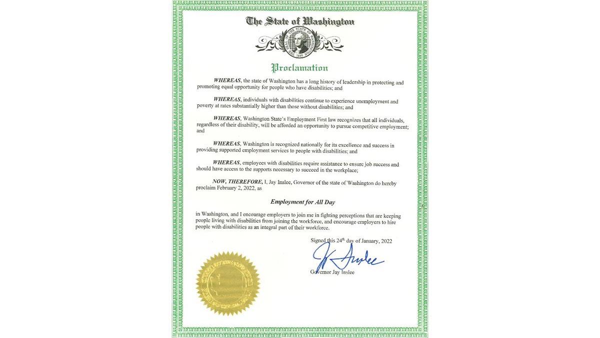 Certificate of Proclamation signed by Governor Jay Inslee, recognizing Employment for All Day, February 2, 2023. Description in text body.