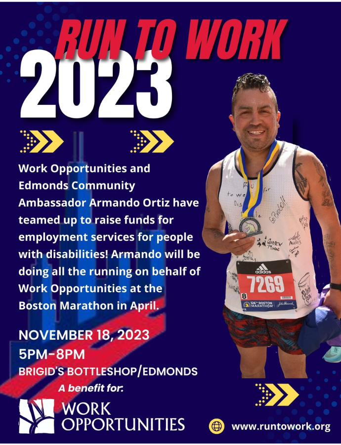 Picture of Edmonds' resident, Armando Oritiz, after running in the 2023 Boston Marathon. Text on photo includes event details.